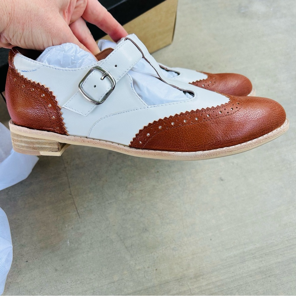 Anthropologie Wingtip Brown White Leather Mary Janes All Black Belted Wings NWT - Picture 13 of 16